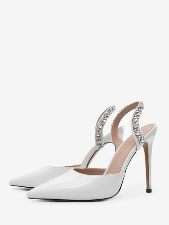 ブラックハイヒール、ポインテッドトゥ、ラインストーン、スリングバック、パーティーパンプス