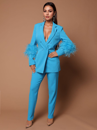 ブルー パンツ セット ラペル ディープ V ネック フェザー セクシーな女性のスーツ