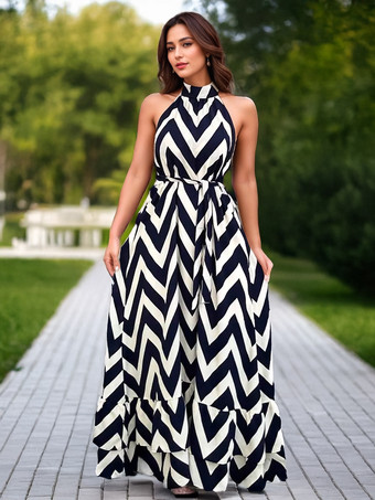 ブラック ウェーブストライププリントワンピース ノースリーブ スタンドカラー ロングワンピース レディース 2025