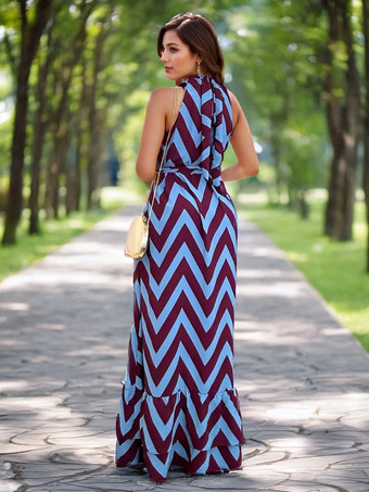 ウェーブストライププリントワンピース ノースリーブ スタンドカラー ロングワンピース レディース 2025