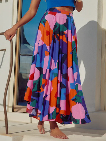 ブルー レディース向けフローラルフレアシルエットロングスカート 2025