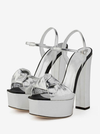 シルバー ゴールドの結び目のあるプロムシューズ プラットフォーム チャンキーヒール サンダル レディース