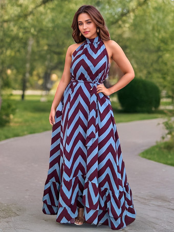 ロイヤパープルウェーブストライププリントワンピース ノースリーブ スタンドカラー ロングワンピース レディース 2025