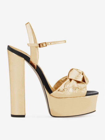 ゴールドの結び目のあるプロムシューズ プラットフォーム チャンキーヒール サンダル レディース
