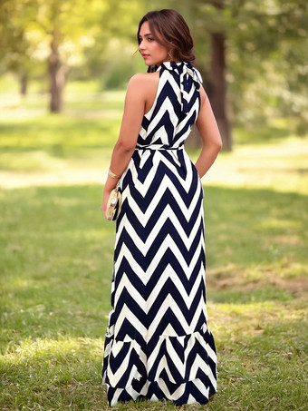 ウェーブストライププリントワンピース ノースリーブ スタンドカラー ロングワンピース レディース 2025