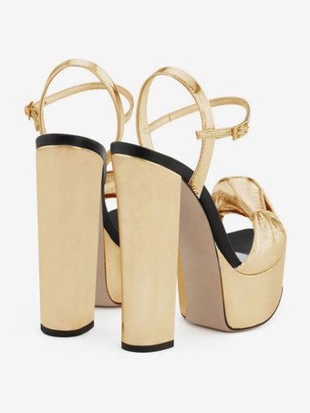ゴールドの結び目のあるプロムシューズ プラットフォーム チャンキーヒール サンダル レディース