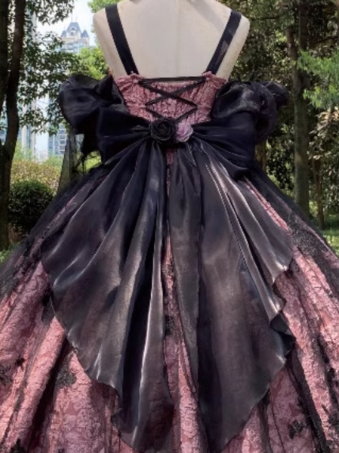 ゴシックロリータドレス レースフリル 花柄 かわいいプリンセスドレス ノースリーブ メッシュフリル ロングドレス