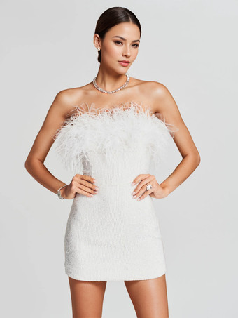 ホワイト スパンコール パーティードレス ノースリーブ フェザー バースデー セミフォーマル ミニドレス