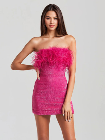 スパンコール パーティードレス ノースリーブ フェザー バースデー セミフォーマル ミニドレス