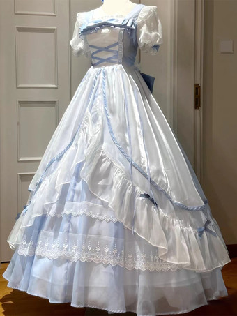 スイートロリータドレス メッシュシルク 半袖 レイヤード ティアードドレス ティーパーティースタイル ロングドレス