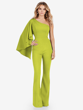 オリーブグリーンイブニングドレス ジャンプスーツ ワンショルダー フロアレングス ノースリーブ ジッパー ストレッチ クレープ フォーマル パーティードレス