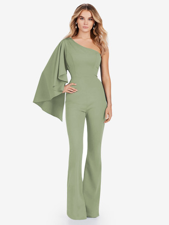 セージグリーンイブニングドレス ジャンプスーツ ワンショルダー フロアレングス ノースリーブ ジッパー ストレッチ クレープ フォーマル パーティードレス