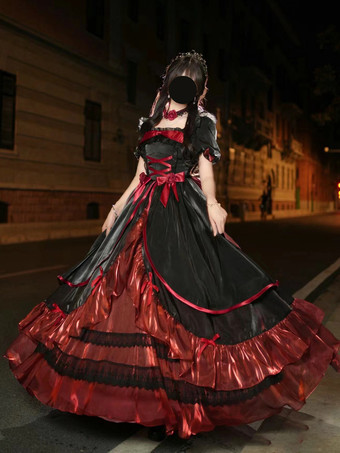 ワインレッド スイートロリータドレス メッシュシルク 半袖 レイヤード ティアードドレス ティーパーティースタイル ロングドレス