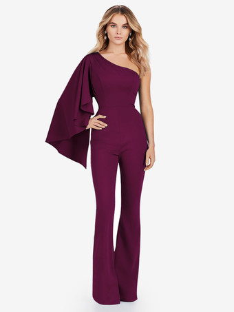 プラムイブニングドレス ジャンプスーツ ワンショルダー フロアレングス ノースリーブ ジッパー ストレッチ クレープ フォーマル パーティードレス