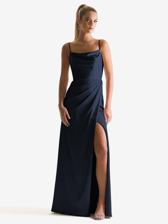 ダークネイビーブライドメイドドレス シース マキシレングス ジッパー サテン生地 ウェディングパーティードレス