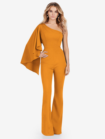 オレンジイブニングドレス ジャンプスーツ ワンショルダー フロアレングス ノースリーブ ジッパー ストレッチ クレープ フォーマル パーティードレス