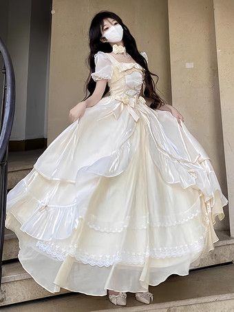スイートロリータドレス メッシュシルク 半袖 レイヤード ティアードドレス ティーパーティースタイル ロングドレス
