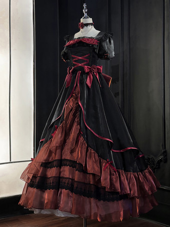 スイートロリータドレス メッシュシルク 半袖 レイヤード ティアードドレス ティーパーティースタイル ロングドレス