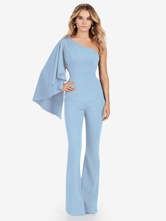 ベビーブルーイブニングドレス ジャンプスーツ ワンショルダー フロアレングス ノースリーブ ジッパー ストレッチ クレープ フォーマル パーティードレス