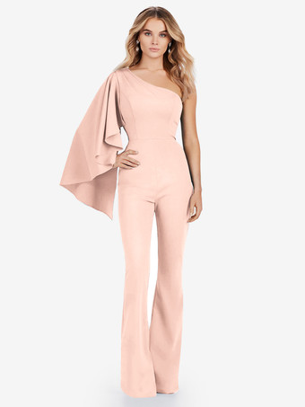 ソフトピンクイブニングドレス ジャンプスーツ ワンショルダー フロアレングス ノースリーブ ジッパー ストレッチ クレープ フォーマル パーティードレス