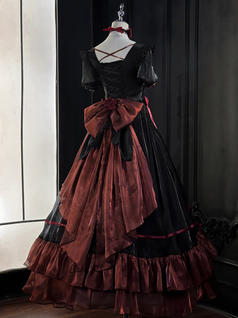 スイートロリータドレス メッシュシルク 半袖 レイヤード ティアードドレス ティーパーティースタイル ロングドレス