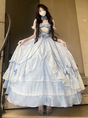 ライトスカイブルースイートロリータドレス メッシュシルク 半袖 レイヤード ティアードドレス ティーパーティースタイル ロングドレス