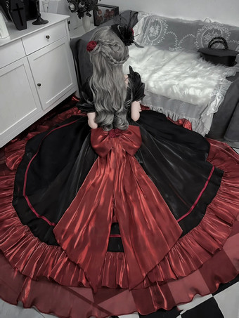 スイートロリータドレス メッシュシルク 半袖 レイヤード ティアードドレス ティーパーティースタイル ロングドレス