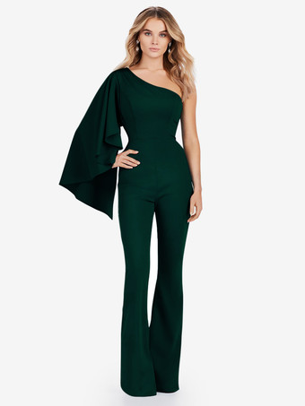 エメラルド イブニングドレス ジャンプスーツ ワンショルダー フロアレングス ノースリーブ ジッパー ストレッチ クレープ フォーマル パーティードレス