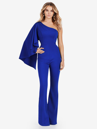 ロイヤルブルーイブニングドレス ジャンプスーツ ワンショルダー フロアレングス ノースリーブ ジッパー ストレッチ クレープ フォーマル パーティードレス