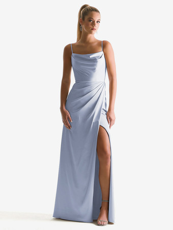 ベビーブルーブライドメイドドレス シース マキシレングス ジッパー サテン生地 ウェディングパーティードレス