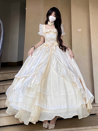 アイボリー スイートロリータドレス メッシュシルク 半袖 レイヤード ティアードドレス ティーパーティースタイル ロングドレス