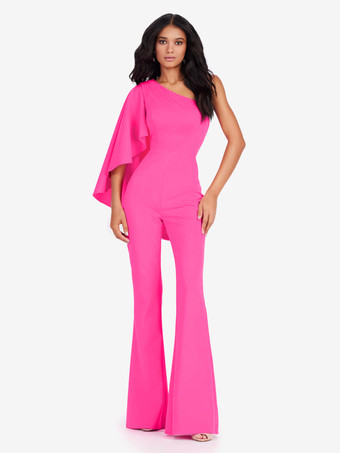 ローズレッドイブニングドレス ジャンプスーツ ワンショルダー フロアレングス ノースリーブ ジッパー ストレッチ クレープ フォーマル パーティードレス