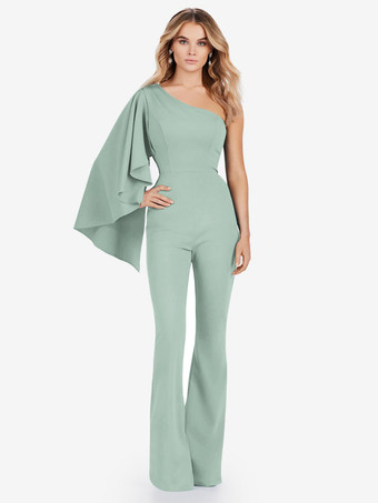 パステルグリーンイブニングドレス ジャンプスーツ ワンショルダー フロアレングス ノースリーブ ジッパー ストレッチ クレープ フォーマル パーティードレス