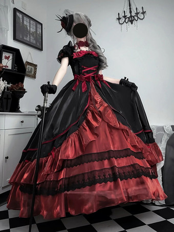 スイートロリータドレス メッシュシルク 半袖 レイヤード ティアードドレス ティーパーティースタイル ロングドレス