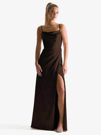 チョコレートブライドメイドドレス シース マキシレングス ジッパー サテン生地 ウェディングパーティードレス