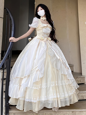 スイートロリータドレス メッシュシルク 半袖 レイヤード ティアードドレス ティーパーティースタイル ロングドレス