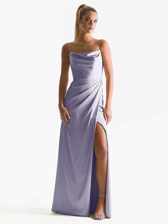 ライラックブライドメイドドレス シース マキシレングス ジッパー サテン生地 ウェディングパーティードレス