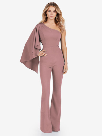 サーモンピンクイブニングドレス ジャンプスーツ ワンショルダー フロアレングス ノースリーブ ジッパー ストレッチ クレープ フォーマル パーティードレス