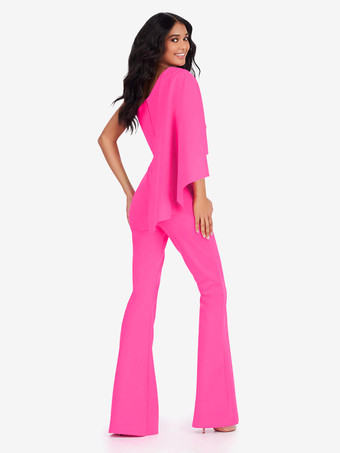 イブニングドレス ジャンプスーツ ワンショルダー フロアレングス ノースリーブ ジッパー ストレッチ クレープ フォーマル パーティードレス