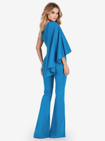 イブニングドレス ジャンプスーツ ワンショルダー フロアレングス ノースリーブ ジッパー ストレッチ クレープ フォーマル パーティードレス