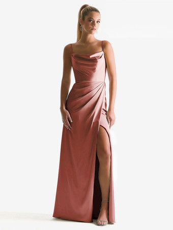 エンバーレッドブライドメイドドレス シース マキシレングス ジッパー サテン生地 ウェディングパーティードレス