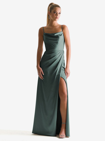 ダークグリーンブライドメイドドレス シース マキシレングス ジッパー サテン生地 ウェディングパーティードレス