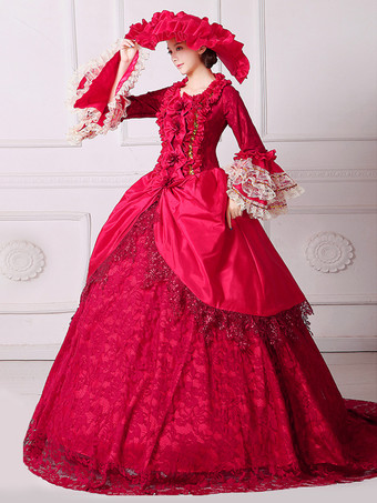 ブラック レトロ コスチューム レディース 花柄 マリー アントワネット コスチューム フリル レース ポリエステル セット ドレス 帽子 レトロ 18世紀 コスチューム バーガンディ