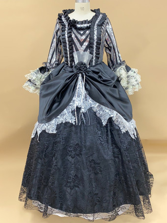 ブラック ブラック レトロ コスチューム レディース 花柄 マリー アントワネット コスチューム フリル レース ポリエステル セット ドレス 帽子 レトロ 18世紀 コスチューム バーガンディ