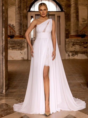 ホワイトボヘミアンウェディングドレス シフォンレース ツーピース トレーン付き ナチュラルウエスト ジッパー ノースリーブ デザインネックライン アイボリー