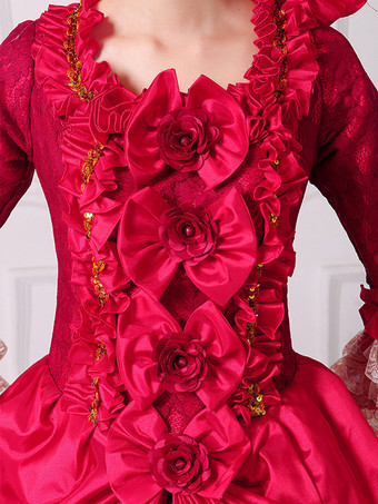 ブラック レトロ コスチューム レディース 花柄 マリー アントワネット コスチューム フリル レース ポリエステル セット ドレス 帽子 レトロ 18世紀 コスチューム バーガンディ