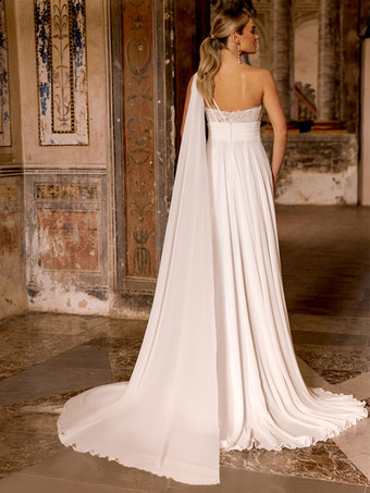 ボヘミアンウェディングドレス シフォンレース ツーピース トレーン付き ナチュラルウエスト ジッパー ノースリーブ デザインネックライン アイボリー