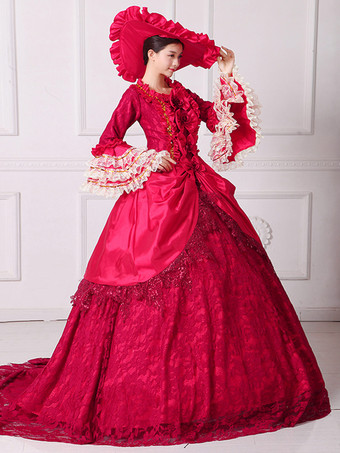 ブラック レトロ コスチューム レディース 花柄 マリー アントワネット コスチューム フリル レース ポリエステル セット ドレス 帽子 レトロ 18世紀 コスチューム バーガンディ