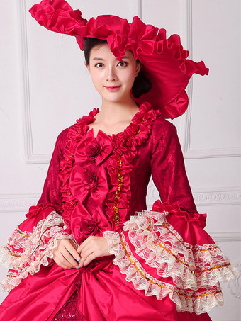 ブラック レトロ コスチューム レディース 花柄 マリー アントワネット コスチューム フリル レース ポリエステル セット ドレス 帽子 レトロ 18世紀 コスチューム バーガンディ