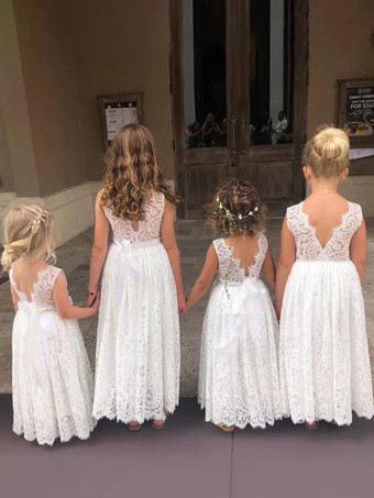 白いフラワーガールドレス ホワイトレースのノースリーブジュエルネックフラワーガールドレス